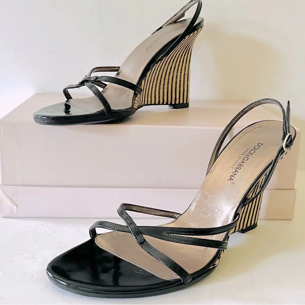 Dolce & Gabbana black and tan wedge sandals 7.5 - Picture 2 of 11